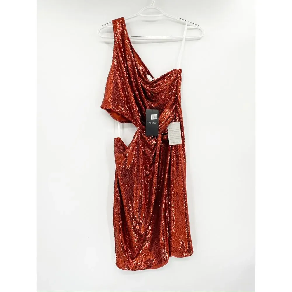 Halston Val Sequins One Shoulder Mini Dress in Orangeade Size 12 NWT‎